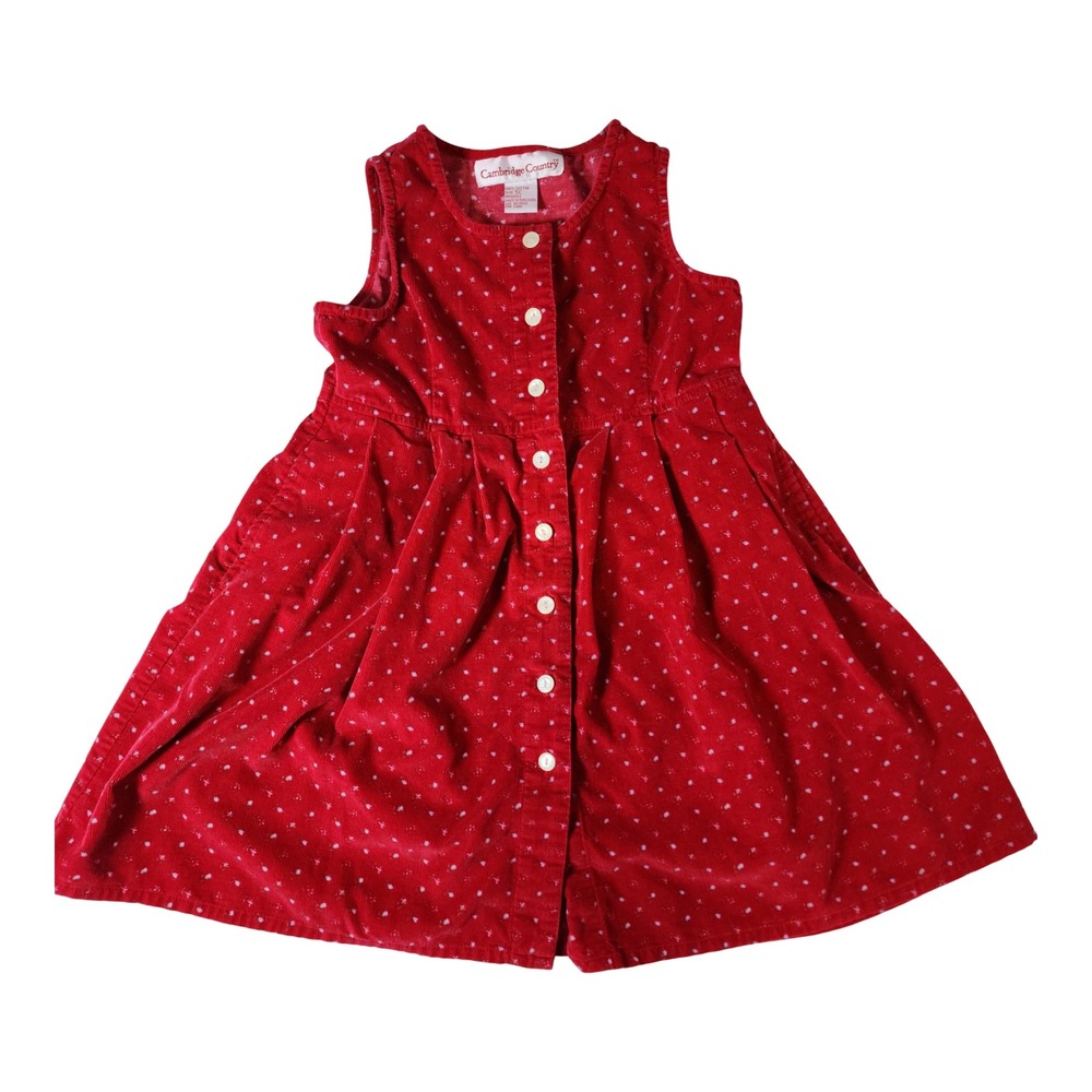 Cambridge Country Red Corduroy Floral Button Front Dress Kids Size 5C Vintage